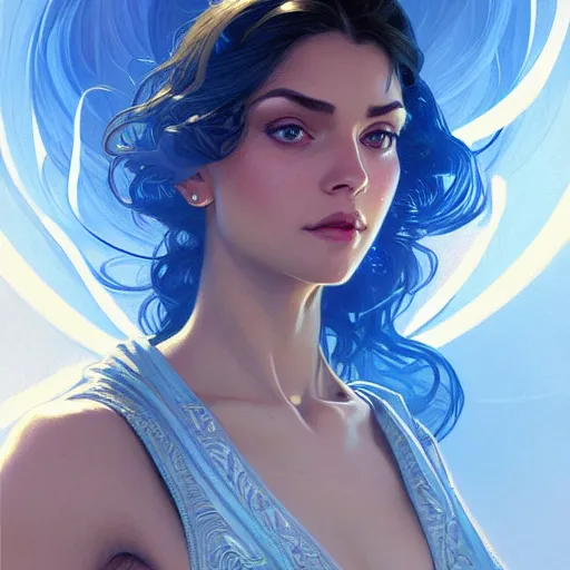 Image similar to Portrait of very very very very very very beautiful Latina woman, spacesuit, blue eyes, intricate, elegant, highly detailed, digital painting, artstation, concept art, smooth, sharp focus, illustration, art by artgerm and greg rutkowski and alphonse mucha