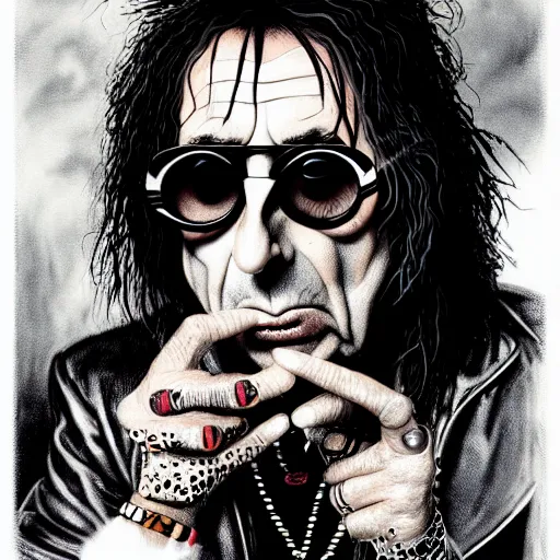 Prompt: graphic illustration, creative design, alice cooper wearing sunglasses, biopunk, francis bacon, highly detailed, hunter s thompson, concept art