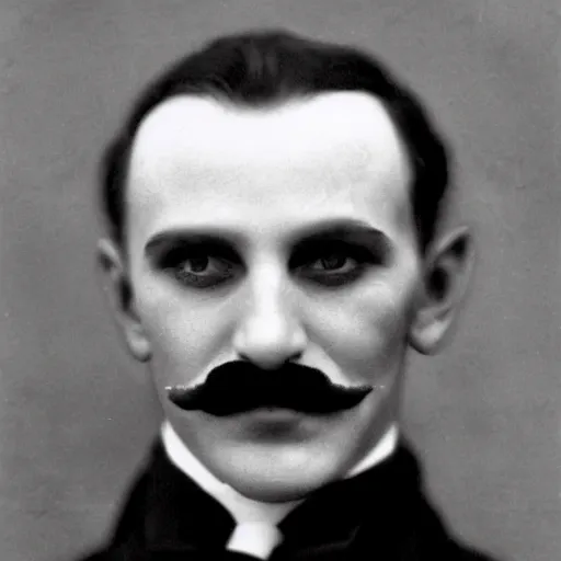 Image similar to headshot edwardian photograph of waluigi, 1 9 2 0 s, sinister, evil, realistic face, 1 9 1 0 s, grainy, victorian, soft blur