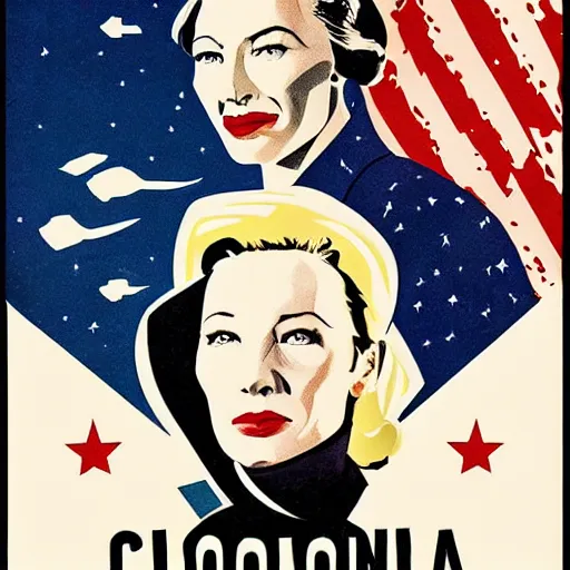 Image similar to propaganda poster for colonizing the moon with cate blanchett, by bonesetell