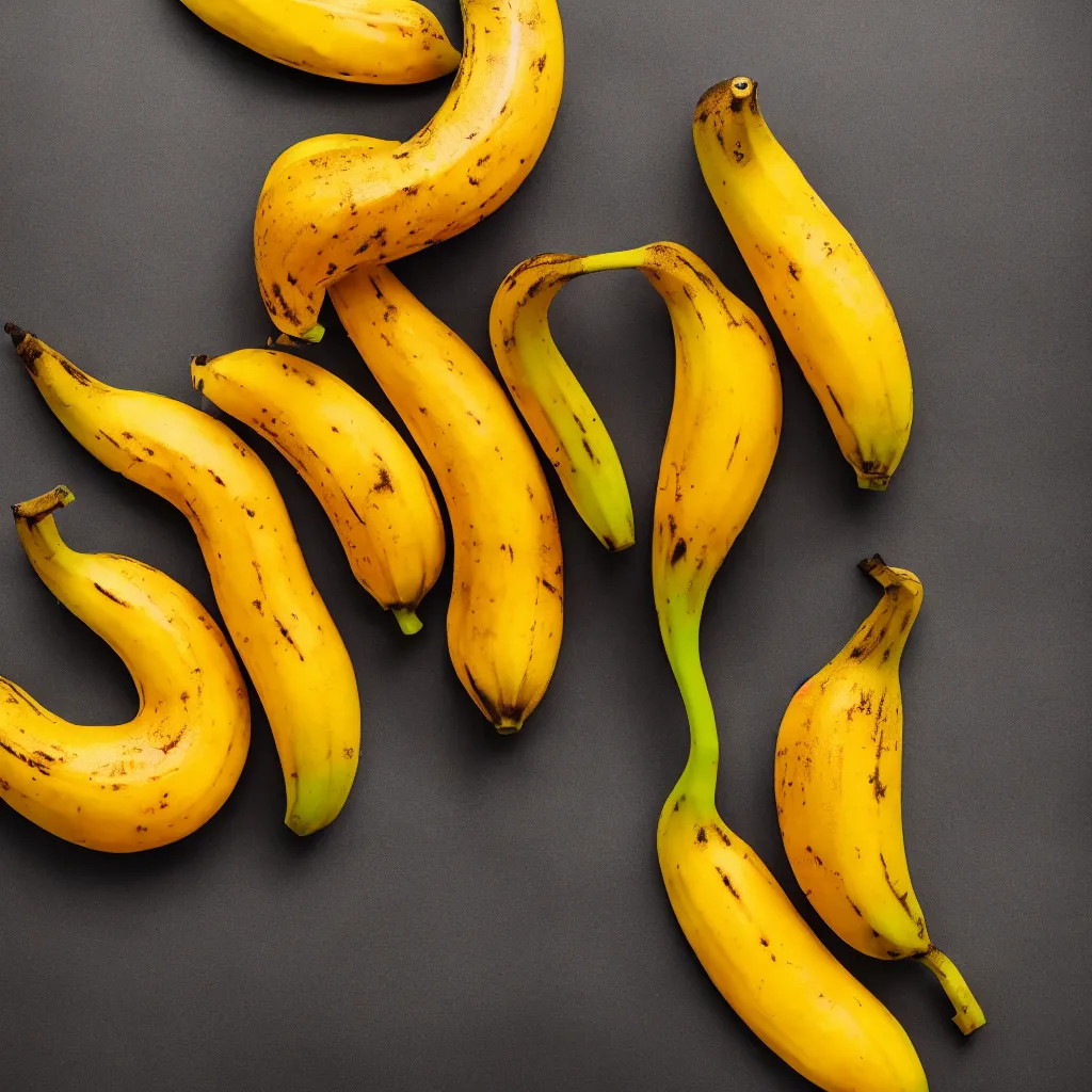 Image similar to long spotted bananas in the shape of juicy ripe oranges, closeup, hyper real, food photography, high quality