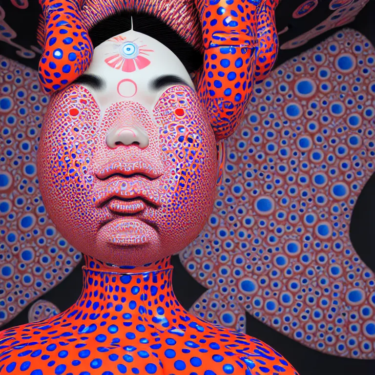 Image similar to hyperrealistic detailed image of a geisha in a art installation room, hd smooth interior by yayoi kusama, part by kei mieno, part by ross tran, dark art by james jean, ultra realistic, highly detailed, life like face, detailed body, 8 k, 3 d render by roger magrini, very cohesive, masterpiece