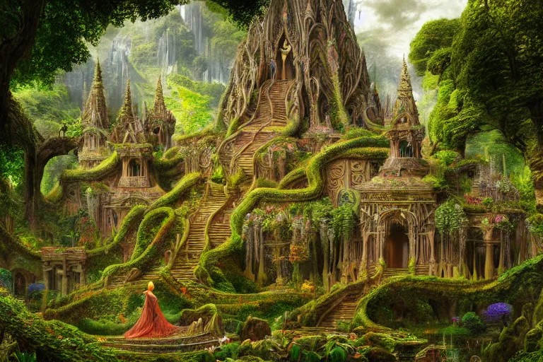 Image similar to a beautiful and highly detailed digital painting of an intricately designed elven temple in a lush valley, psychedelic patterns, intricate details, epic scale, 8 k, sharp focus, photorealism, artstation, cgsociety, by caspar friedrich, albert bierstadt, james gurney, alex grey, brian froud,