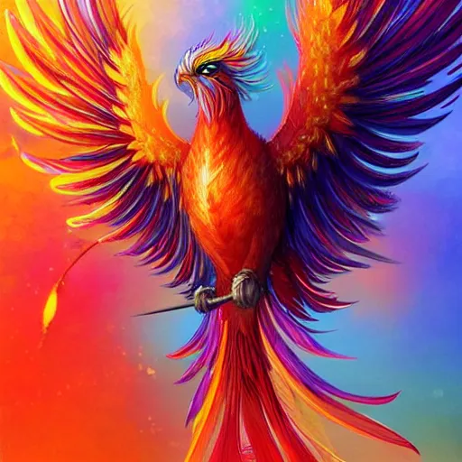 Image similar to cute flying chinese phoenix, sparkling bird eyes, embers in her bird eyes, shining rainbow feathers, sharp features, flowing fiery multicolor feathers, highly detailed, digital painting, artstation, concept art, smooth, sharp focus, beautiful rainbow feathers, expressive eyes, illustration, phoenix art by Artgerm and greg rutkowski