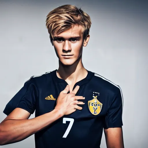 Image similar to a realistic detailed photo of a guy who is an attractive humanoid who is half robot and half humanoid, who is a male android, soccer player martin ødegaard, shiny skin, posing like a statue, blank stare, in a living room, on display, showing off his muscles