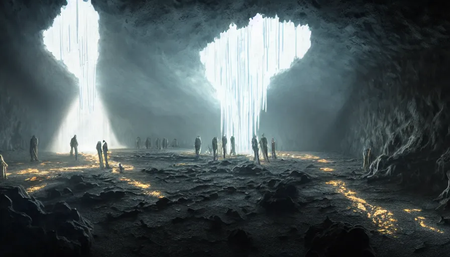 Image similar to high tech nomands exploring abandoned laboratory in volcanic cave, research station, hot lava, scifi, dark scifi, space horror, light, shadows, reflections, steam, epic composition, intricate, elegant, volumetric lighting, digital painting, highly detailed, artstation, sharp focus, illustration, concept art, ruan jia, steve mccurry