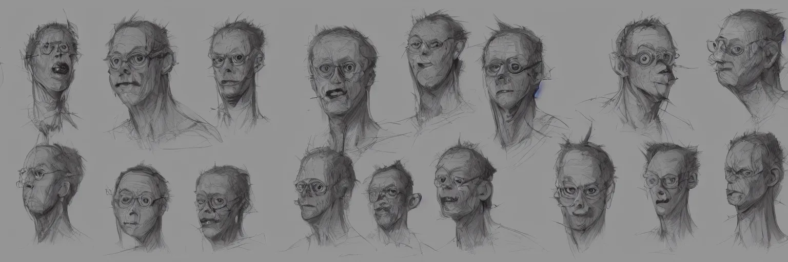 Prompt: character study of todd solondz going crazy, male, artist, character sheet, fine details, concept design, contrast, kim jung gi, greg rutkowski and francis bacon, trending on artstation, 8 k, full body and head, turnaround, front view, back view, ultra wide angle