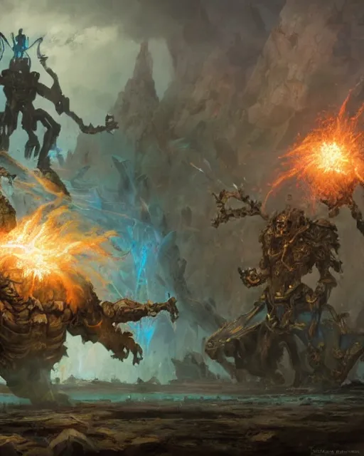 Image similar to topaz golem still frame from warhammer movie, legendary magical crystal construct by esher, crystal golem fighting vast army by jakub rozalski, topaz lightning elemental by peter mohrbacher