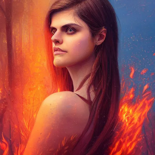 Prompt: Portrait of Alexandra Daddario in a burning forest, fiery landscape, fantasy, high detail, elegant, digital painting, natural light, vibrant, intricate, textured skin, highly detailed, artstation, sharp, focus, illustration, by Anna Dittmann, Ilya Kuvshinov, Nikolay Makovsky