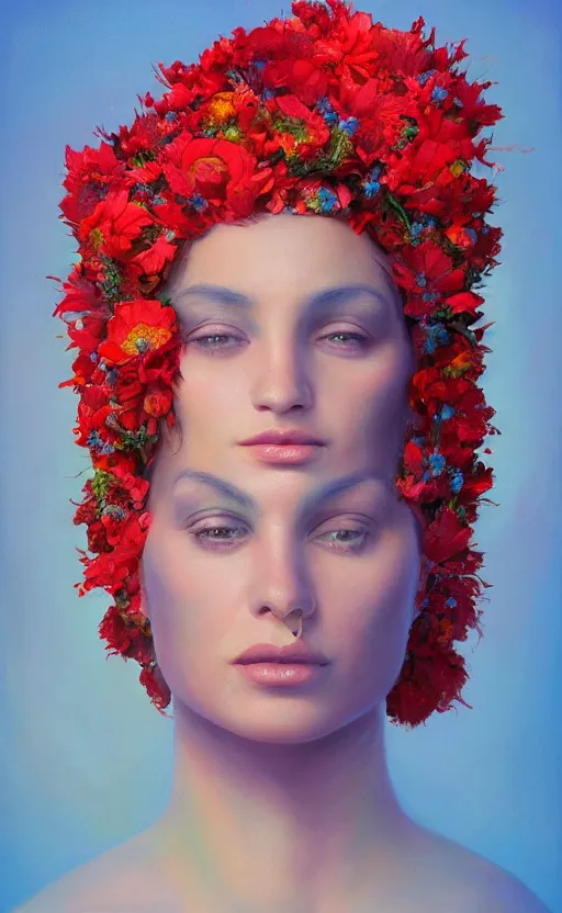 Image similar to a red oil painting hyperrealism of a beautiful woman on a white background, flowers, floral headdress, 8 k resolution, octane render, trending on artstation, by gediminas pranckevicius, volumetric light 2 blue fractal thunder glow by dan mumford, anaglyph effect, laurie lipton