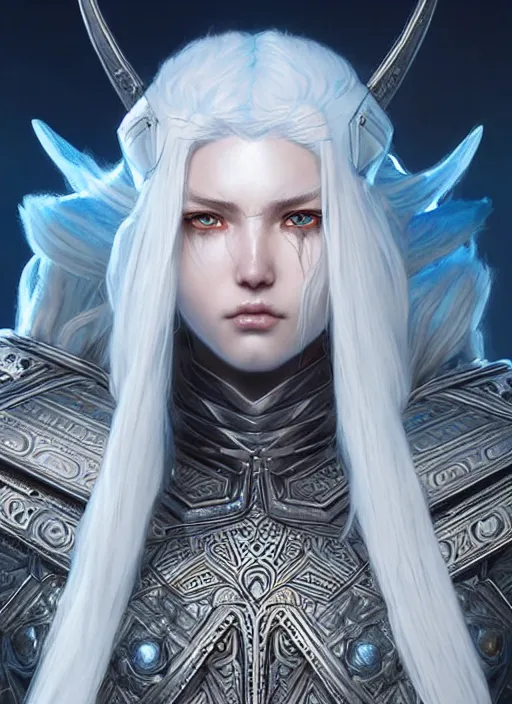 Prompt: warrior, light azure armor!!! long wild white hair!! covered chest!!! fantasy, d & d, intricate ornate details, digital painting, pretty face!!, symmetry, concept art, sharp focus, illustration, art by artgerm! greg rutkowski magali villeneuve wlop! ilya kuvshinov!!, octane render