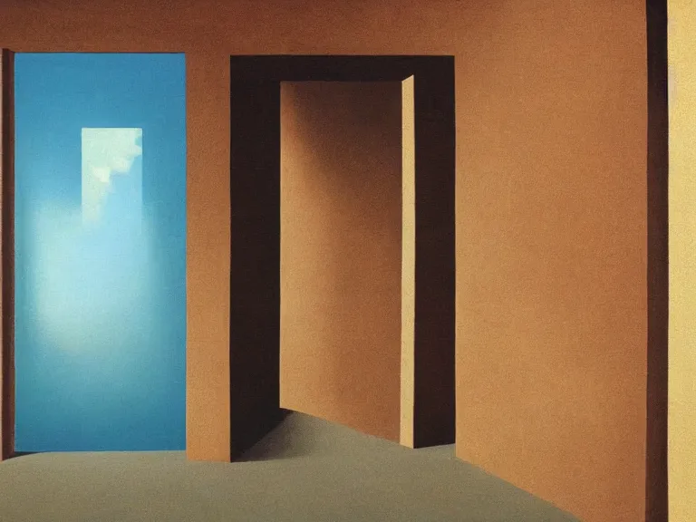 Image similar to an open door to nothingness in brick wall with endless hallway inside, painting by rene magritte, high detail, high resolution