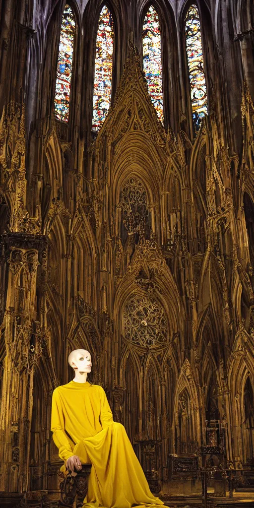 Image similar to a tall pale humanoid being sitting upon an ornate stone throne, 4K, digital art, horror, dramatic, wearing a long yellow rotting garment, dark, hyperrealistic, perspective, complex (((dark))) cathedral background with volumetric lights coming in through cathedral windows, dark background, highlights,