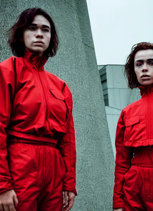 Image similar to cinestill 5 0 d photographic portrait of two clones standing in front of a brutalist metal building, techwear women on a desolate plain, red sky, closeup, depth of field, 4 k, 8 k, hd, full color