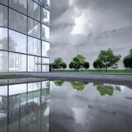 Image similar to a photorealistic 3 d render of modern architecture, two point perspective, global illumination hdri, overcast, rain puddles with realistic reflections