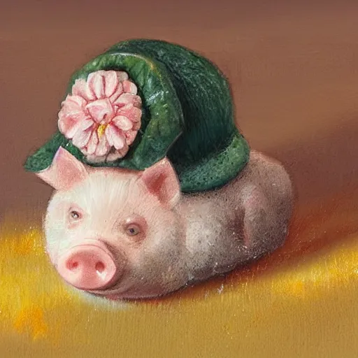 Image similar to cute and adorable miniature piggy 🐖 wearing a cute hat on a summer day, highly detailed, digital painting, artstation, concept art, smooth, sharp focus, illustration, art by yee chong and sydney hanson