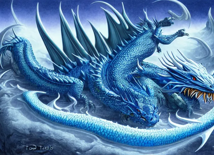 Image similar to a blue dragon laying in a hot spring, snowy alpine mountain landscape, rising steam, fantasy digital painting, stunning intricate details, artwork by todd lockwood