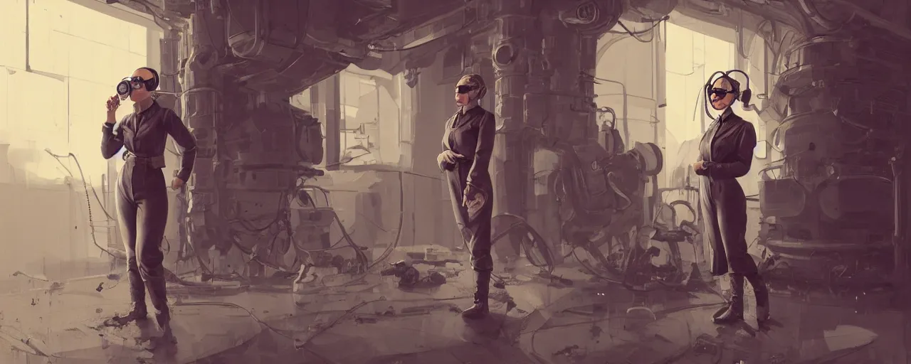 Image similar to illustration 3 / 4 portrait of stoic heroic emotionless butch blonde woman engineer with short slicked - back hair, wearing victorian goggles, no makeup, awkward and uncomfortable and anxious, dirty, dynamic composition by sergey kolesov. industrial space program, scifi, hyper detailed. octane render. concept art. trending on artstation