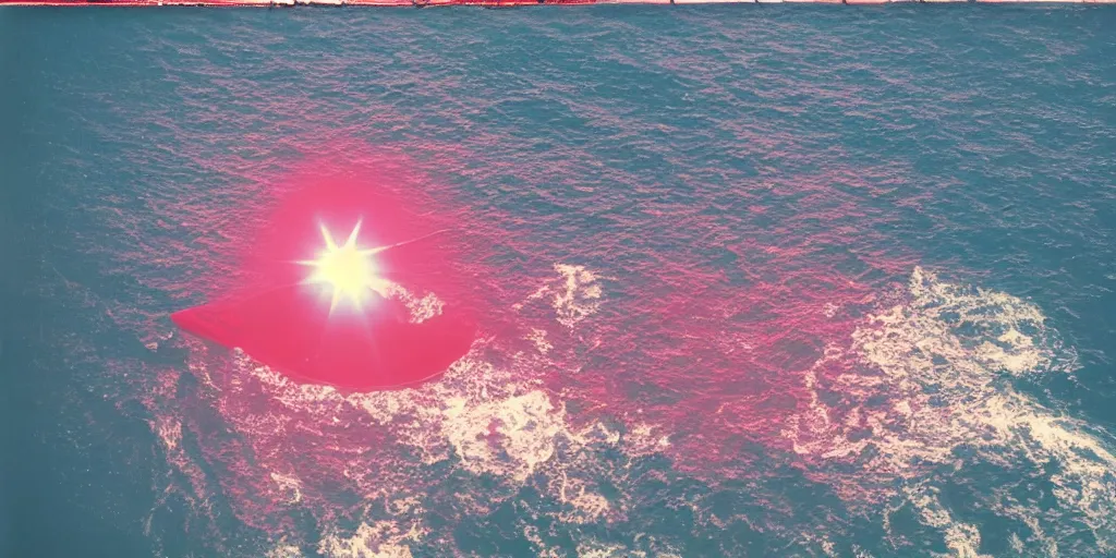 Prompt: analog polaroid photograph of godzilla in the ocean, seen from above, a sea freighter, drone footage, bright sun reflection in the water, lensflare, film grain, azure tones, red color bleed