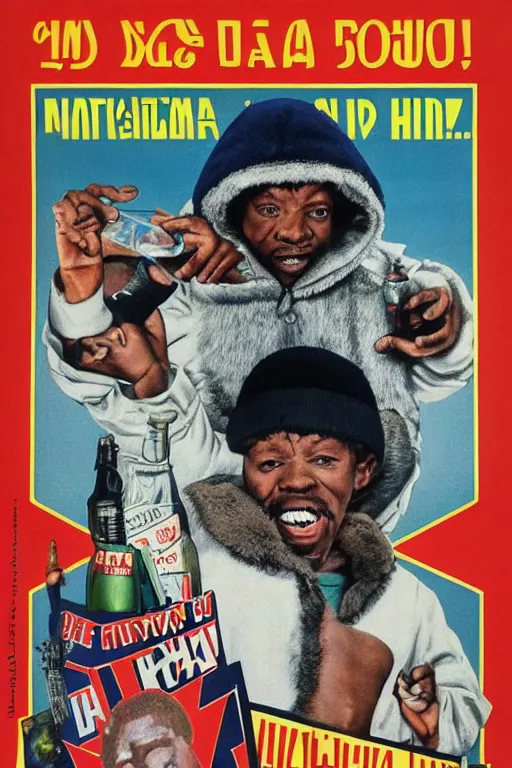 Image similar to poster the movie 1 9 8 8 ussr don't be a menace to south central while drinking your juice in the hood, perfect symmetrical eye, gray fur hat soviet soviet russian winter fur cap with earflaps ushanka, bottle of vodka, bears, kremlin babushka communist criminal