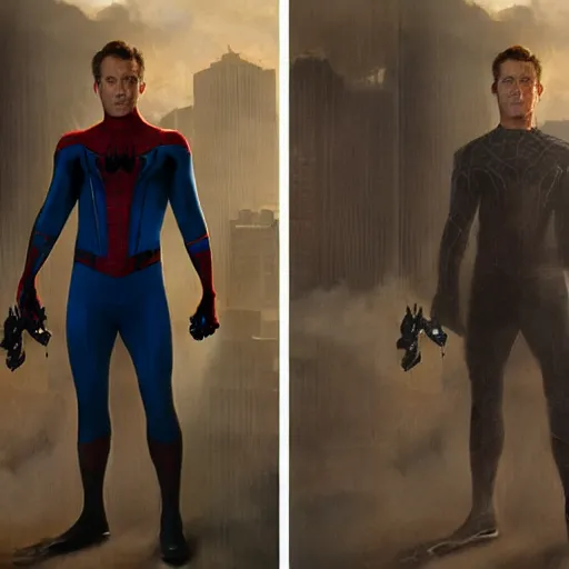 Image similar to ryan reynolds as spider - man, wearing a black and blue suit, cinematic, volumetric lighting, f 8 aperture, cinematic eastman 5 3 8 4 film, photorealistic by greg rutkowski, by stanley artgerm, by alphonse mucha