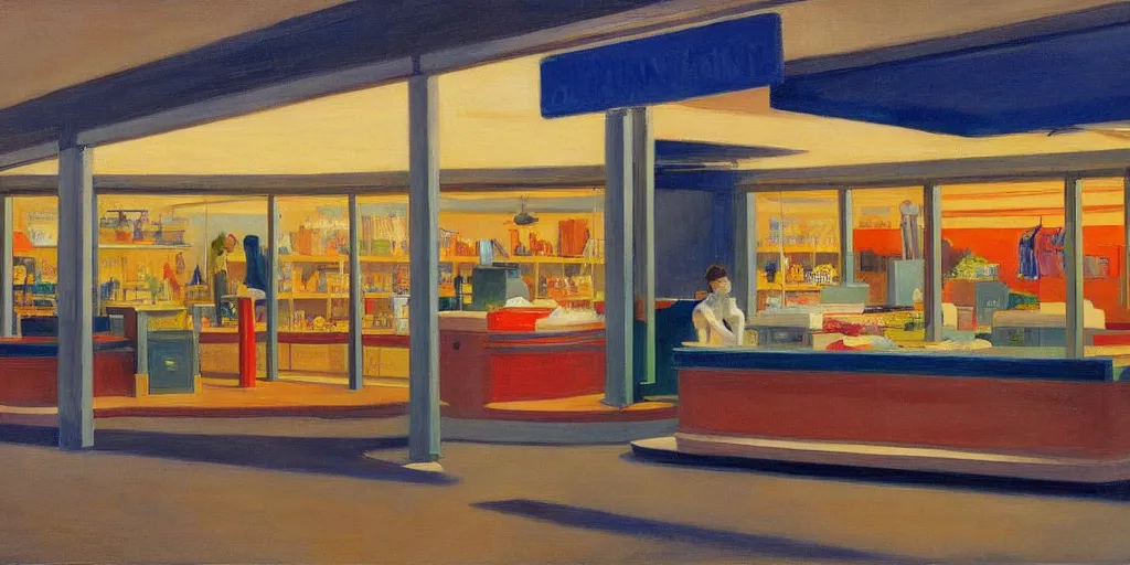 Image similar to a beautiful painting of a store inside of a futuristic airport by Edward Hopper, 8k, 4k