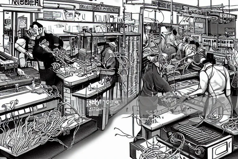 Image similar to A robotic butcher shop, where retirees come to buy fresh meat and sausages on weight. A cyborg with a lot of wires and a set of knives on the tabletop serves it. It's noticeable that several wires are sparking (it's malfunctioning). Under the counter lie the dismembered corpses of the people (shopkeepers and other customers) whose meat he is selling.