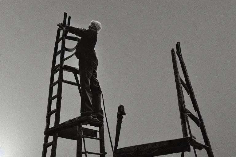 Prompt: “Close-up of a 100 years old man standing high on top of the ladders looking at the sky. In the style of ParkeHarrison”