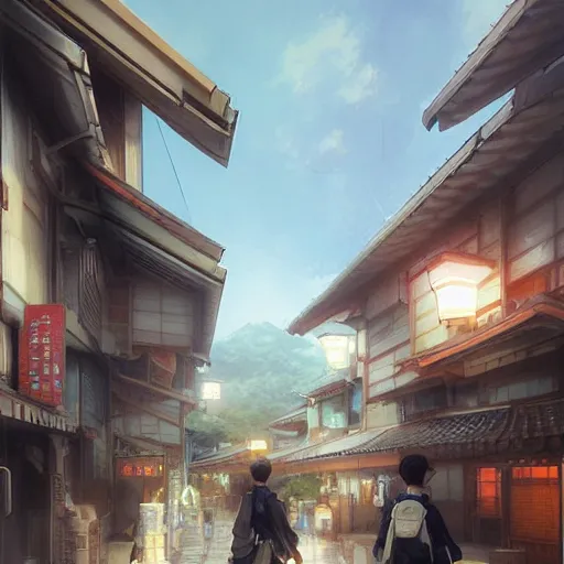 Image similar to walking around ozu city and shimonad station, ehime, japan. volumetric lighting, realistic illustration, perfectly shaded, soft painting, art by krenz cushart and wenjun lin