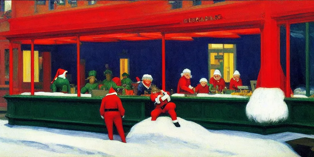 Image similar to santa claus in the painting nighthawks by edward hopper with