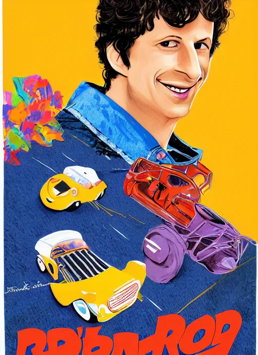 Image similar to Andy Samberg in Hot Rod (2007), children's book cover by Eric Carle, detailed