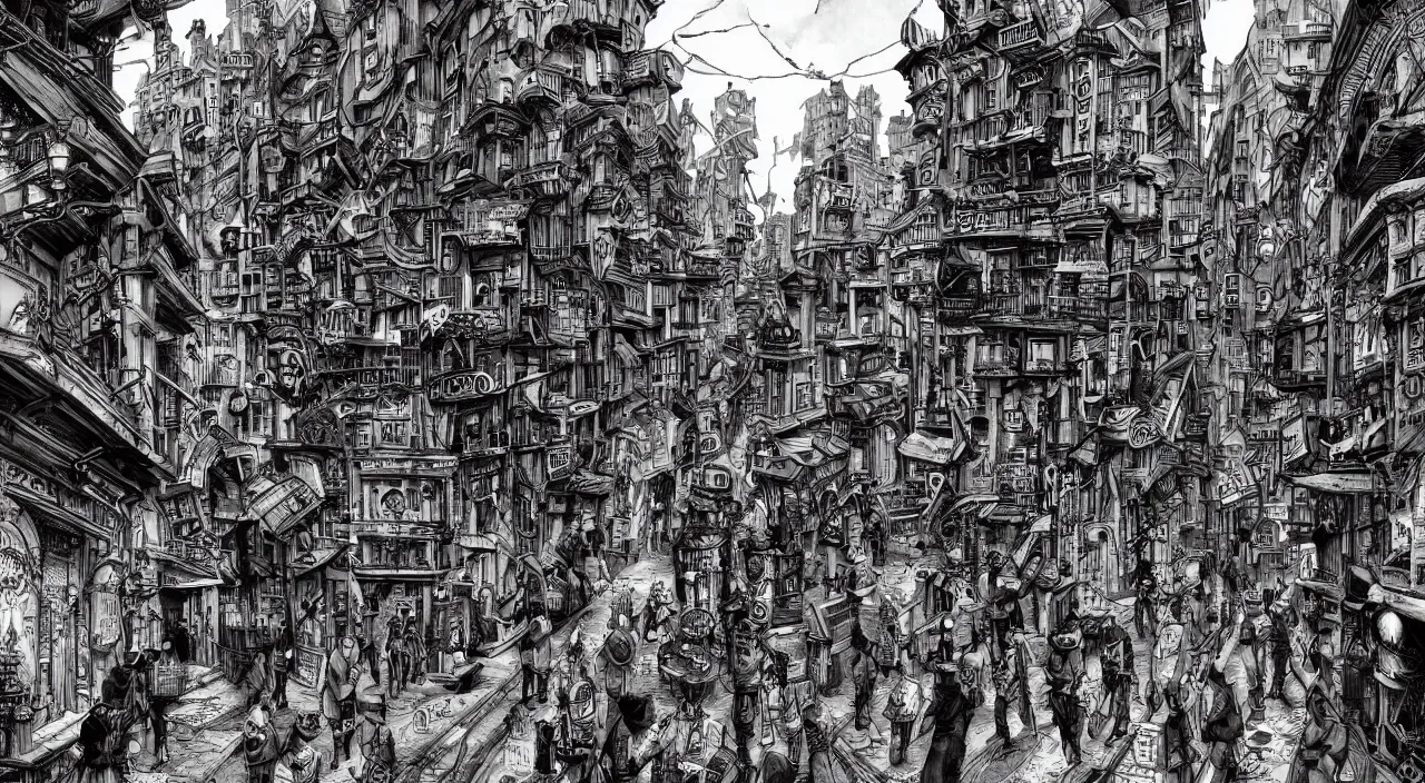 Image similar to steampunk city streets by junji ito, trending on artstation