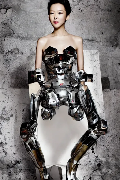 Image similar to a professional fashion magazine photo of Zhang Ziyi wearing a mecha armor suit