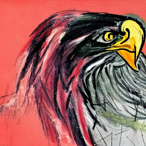 Image similar to human / eagle hybrid with one big beak, drawn by francis bacon