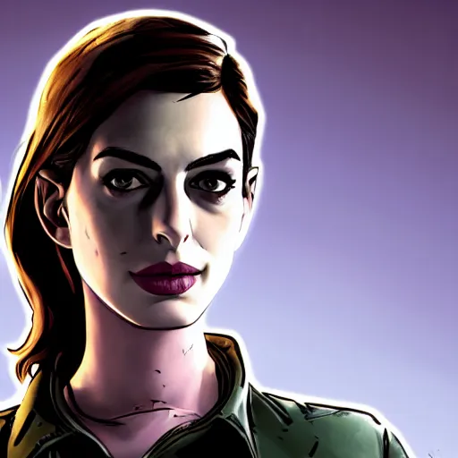 Image similar to anne hathaway portrait, borderlands, tales from the borderlands, the wolf among us, comic, cinematic lighting, studio quality, 8 k