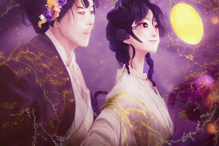 Image similar to a cinematic portrait of wedding photograph jpeg close up moment of a divine a japan sun god and moon goddess lovers magician at a wedding banquet. portraiture. digital painting. artstation. concept art. fantasy wedding photo. digital painting, 8 k realistic, hyper detailed, violet evergarden art masterpiece by art by krenz cushart