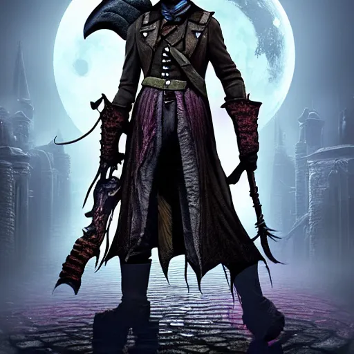 Image similar to an ultra detailed 3 d illustration of the hunter from bloodborne dressed as darkwing duck, let's get dangerous, in the style animation of darkwing duck, digital art, dark fantasy, concept art, soulslike, by alphonse mucha, blood moon eclipse, ominous night mist, unreal engine, octane render, artstation, 8 k