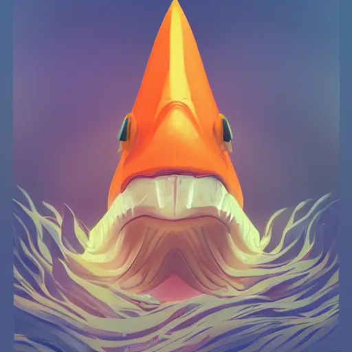Image similar to orange striped traffic cone with shark teeth around the bottom opening, ocean background detailed atmospheric - ron cheng & alphonse mucha, highly detailed, digital painting, ray tracing, concept art, illustration, smooth sharp focus, intricate, symmetry, artstation,