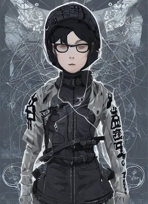 Image similar to techwear occultist, by kyoto animation, chaos magick, leviathan cross, androgynous, beautiful, detailed symmetrical close up portrait, intricate complexity, in the style of artgerm and ilya kuvshinov, cel shaded