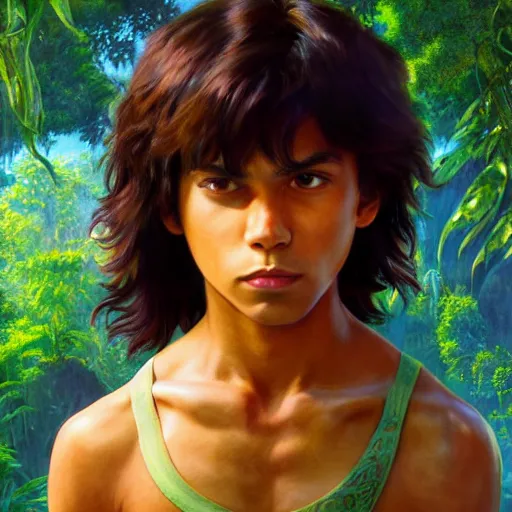 Image similar to skinny young jake t. austin as mowgli from the jungle book, dynamic lighting, path traced, atmospheric, highly detailed, high quality, beautiful painting, octane render, don bluth, ross tran, studio ghibli, alphonse mucha, jama jurabaev, extremely detailed, brush strokes, artstation, artgerm