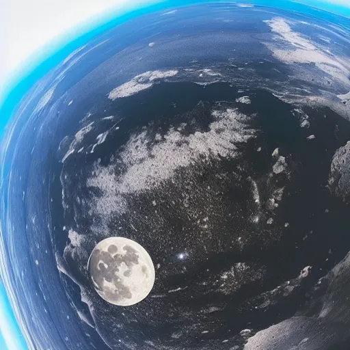Image similar to a fisheye photo of the moon crashing into the earth, shot from a satellite high in orbit