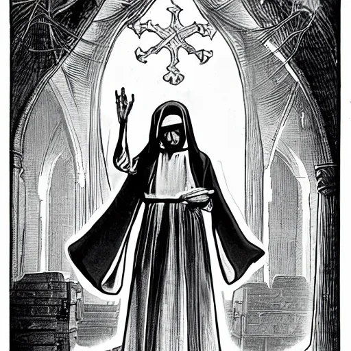 Prompt: A nun bathed in holy light, in a dusty cathedral. Dark Fantasy, Film Noir, Black and White. High Contrast, Mike Mignola, D&D, OSR