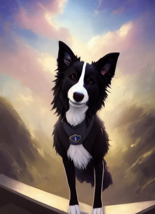 Image similar to wide angle beautiful full body portrait of a cute male anthropomorphic border collie fursona wearing a starfleet uniform on a starsheep and posing in front of a window, character design by charlie bowater, henry asencio, and ross tran, furry art, furaffinity, scenic background, beautiful, glamor pose, detailed, trending on artstation