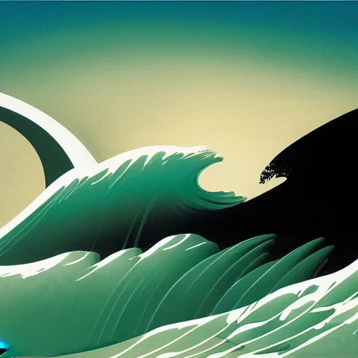 Image similar to waves crashing on the shore, by eyvind earle