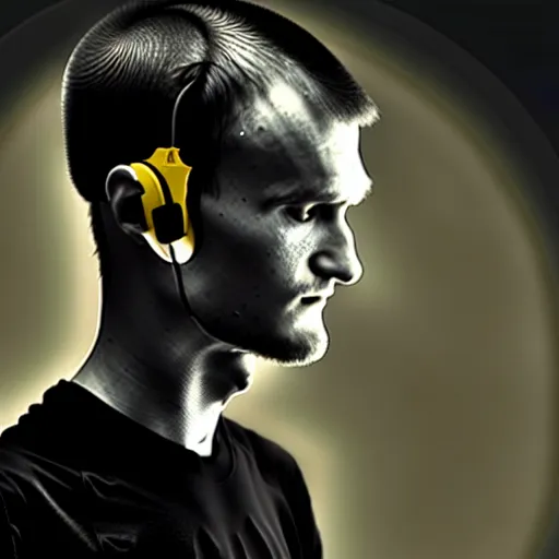 Image similar to vitalik buterin in big headphones with closed eyes listens to music with black background, wayne barlow, bao pham, donato giancola, larry elmore, masterpiece, trending on artstation, featured on pixiv, cinematic composition, beautiful lighting, sharp, details, hyper - detailed, hdr, 4 k, 8 k