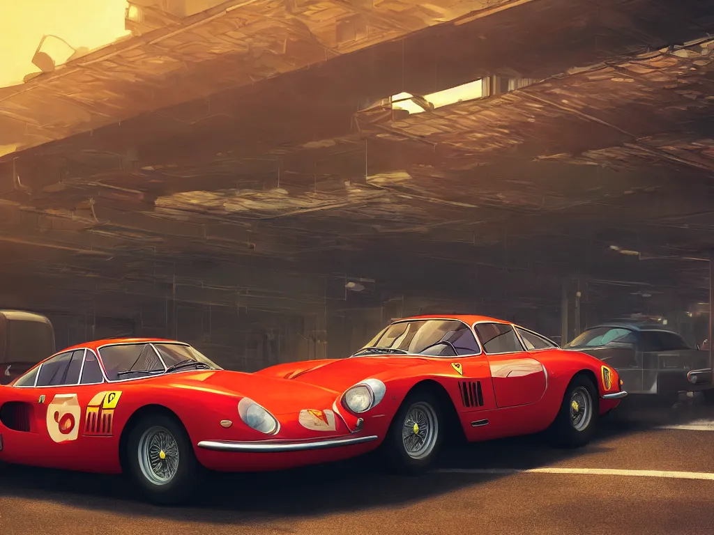 Image similar to a wholesome animation key shot of a focused old ferrari car in a car park, close shot, studio Ghibli, Pixar and Disney animation, sharp, very detailed, high resolution, Rendered in Unreal Engine 5, anime key art by Greg Rutkowski, Bloom, dramatic lighting