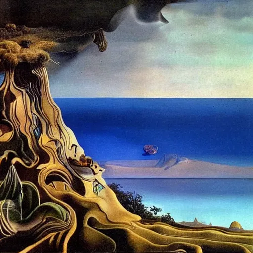 Prompt: painting of a lush natural scene on an alien planet by salvador dali. beautiful landscape. weird vegetation. cliffs and water.