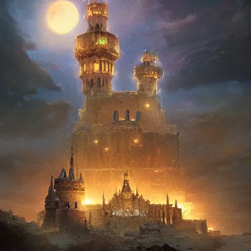 Image similar to torre del oro, atmospheric lighting, intricate, volumetric lighting, beautiful, sharp focus, ultra detailed, in the art style of marc simonetti, bowater charlie and brom gerald, astrophotography