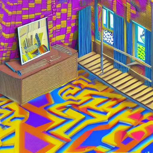 Image similar to a drawing of a room with a staircase, a computer rendering by howard arkley, cg society contest winner, psychedelic art, isometric, voxel art, vaporwave