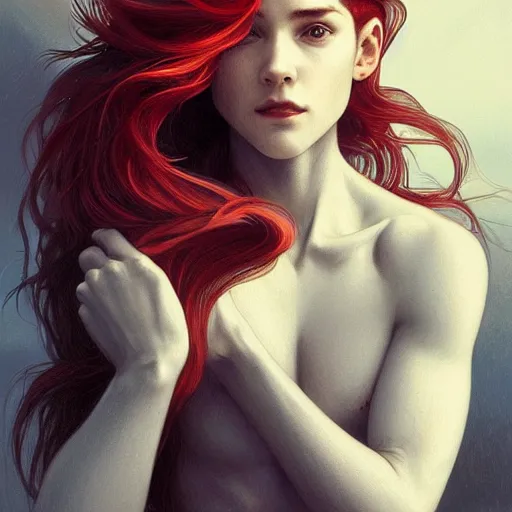 Image similar to portrait of a shark with a humanoid face, male, handsome, masculine, full body, red hair, long hair, soft hair, fantasy, intricate, elegant, highly detailed, suit, coffee shop, digital painting, artstation, concept art, character art, smooth, sharp focus, illustration, art by artgerm and greg rutkowski and alphonse mucha